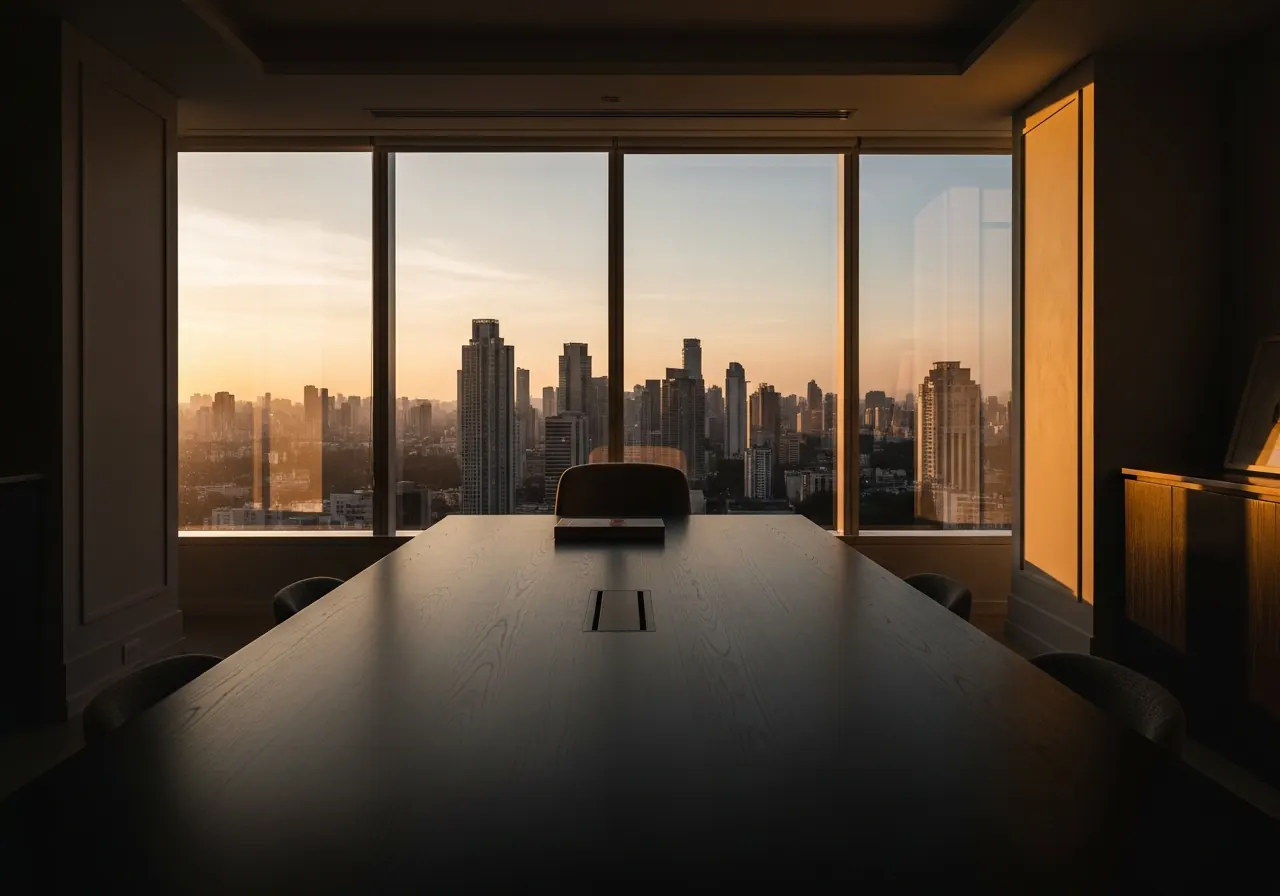 Sala privada de asesoría con vista al distrito financiero al atardecer